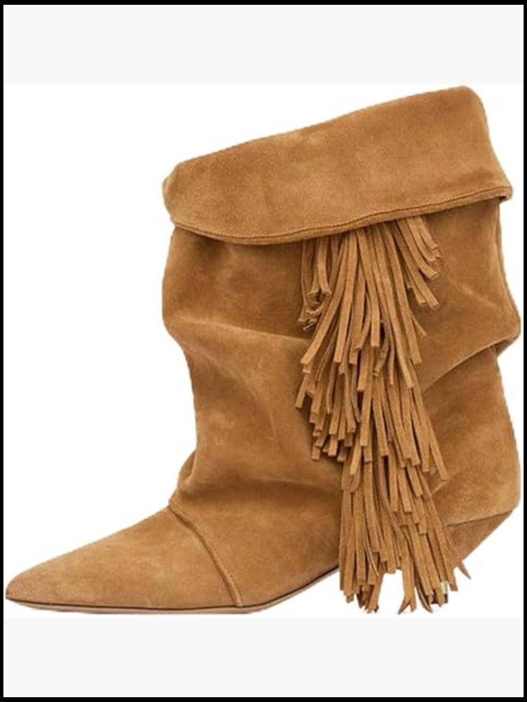 Slouchy Ankle Boots Pointed Toe Kitten Heels Wide Calf Boho Suede Cowboy Boots
